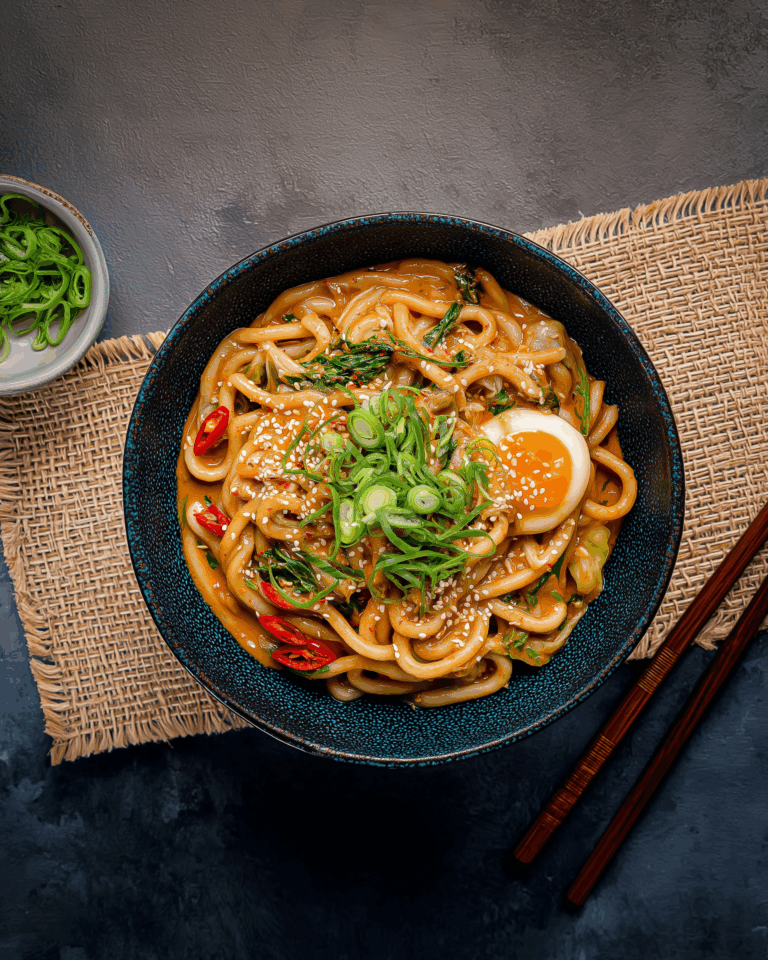 Asiatische Udon-Nudelpfanne mit Erdnusssauce und Chili – Schnelles und leckeres Nudelgericht