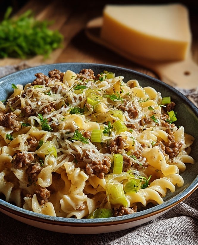 Käse-Lauch-Pasta mit Hackfleisch – Das perfekte schnelle Mittagessen für die Familie
