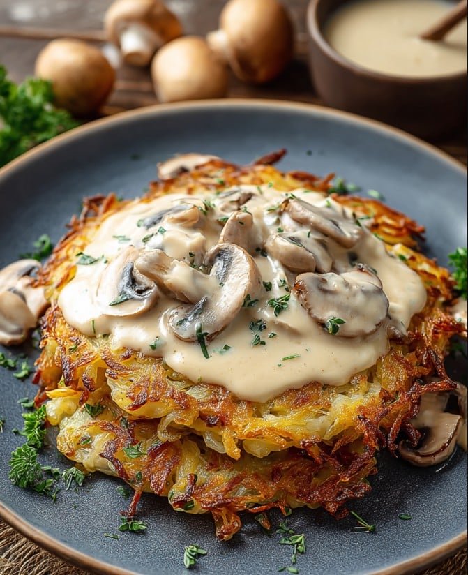 Mozzarella-Rösti mit Zwiebel-Pilzrahmsauce – Ein leckeres Rezept für Abendessen