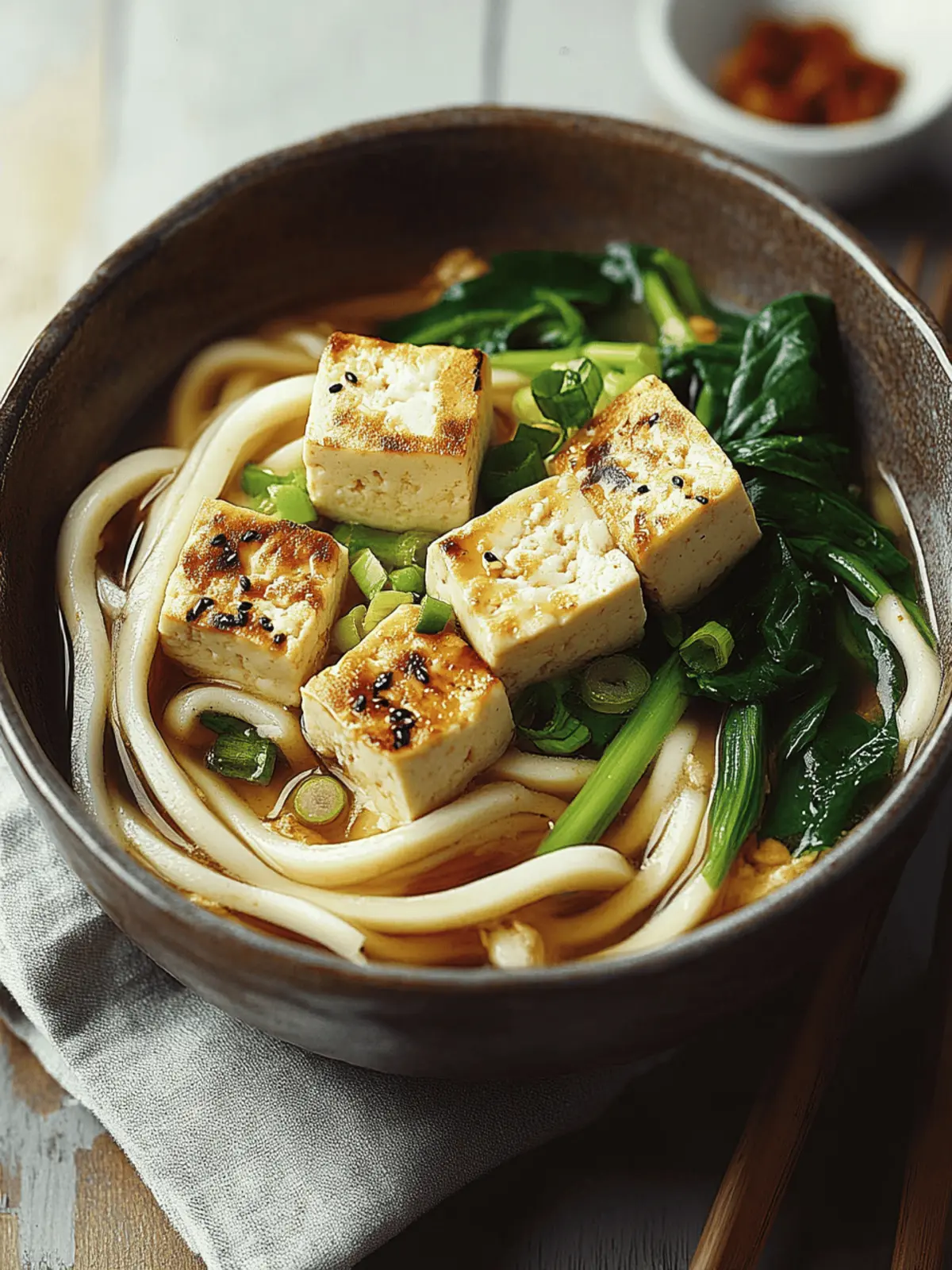 Udon mit Tofu und asiatischem Blattgemüse