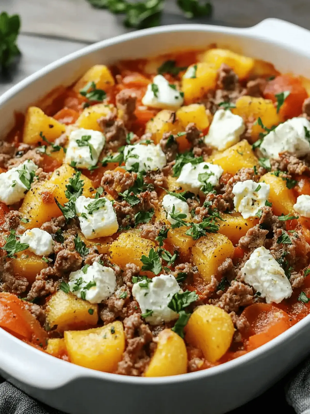 Süßkartoffel und Hackfleischauflauf mit Feta