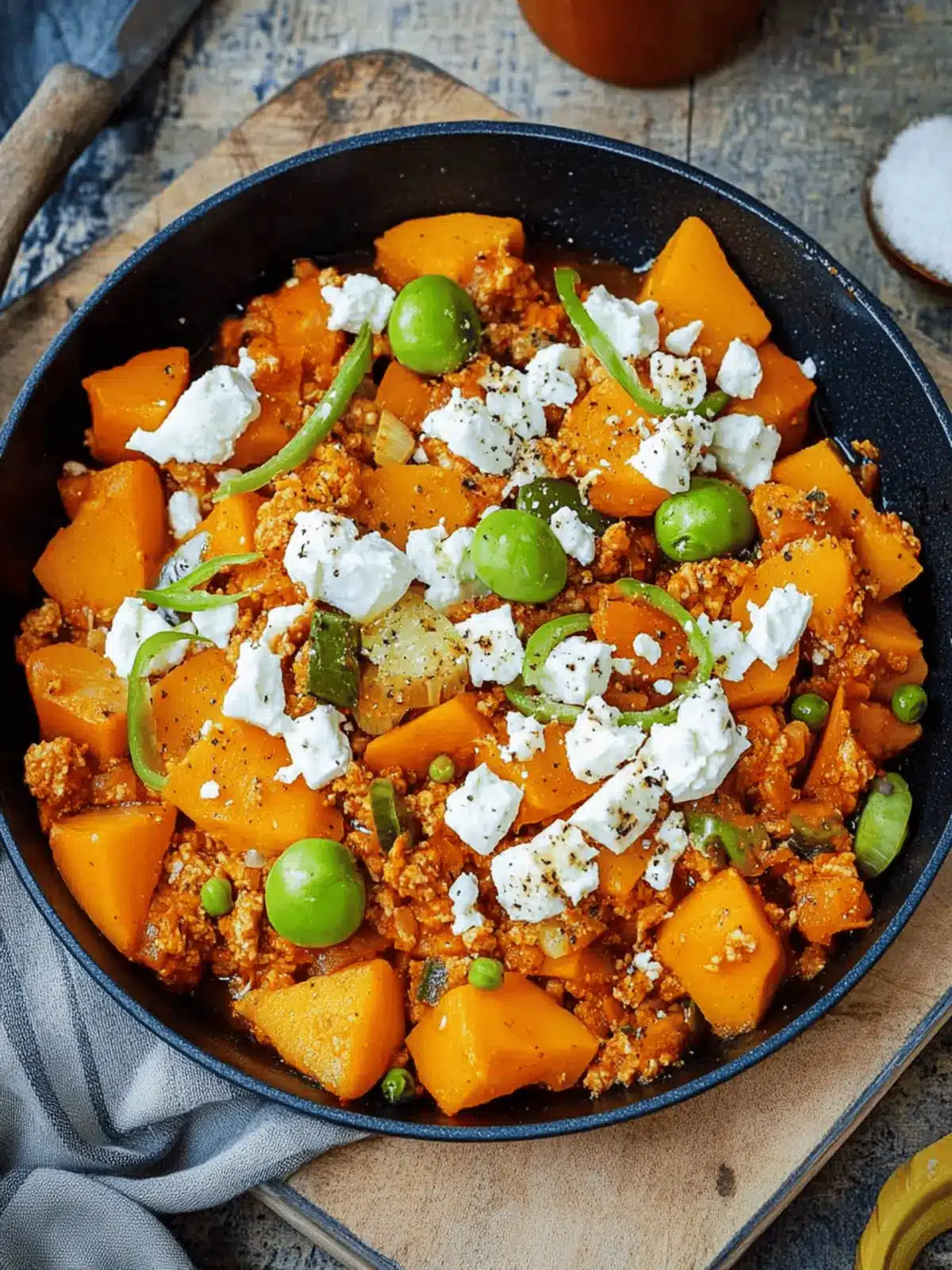 Kürbis und Hackfleischpfanne mit Feta