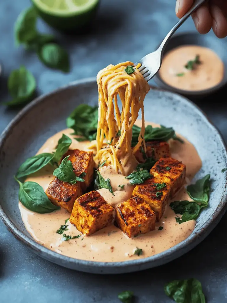 Tofu-Bällchen in veganer Paprika-Cremesauce
