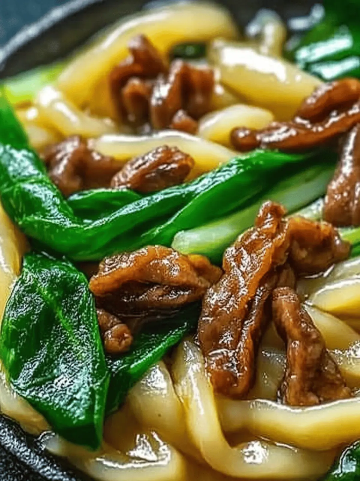 Udon-Nudeln mit Rindfleisch, Pak Choi und frittierten Zwiebeln