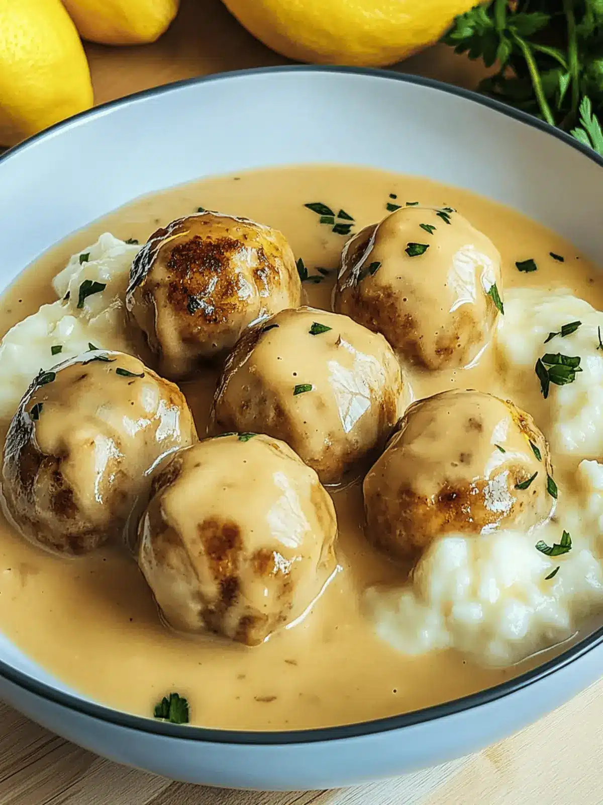 Fleischbällchen in cremiger Sauce mit Kartoffelpüree 5 Fleischbällchen in einer cremigen Sauce mit Kartoffelpüree