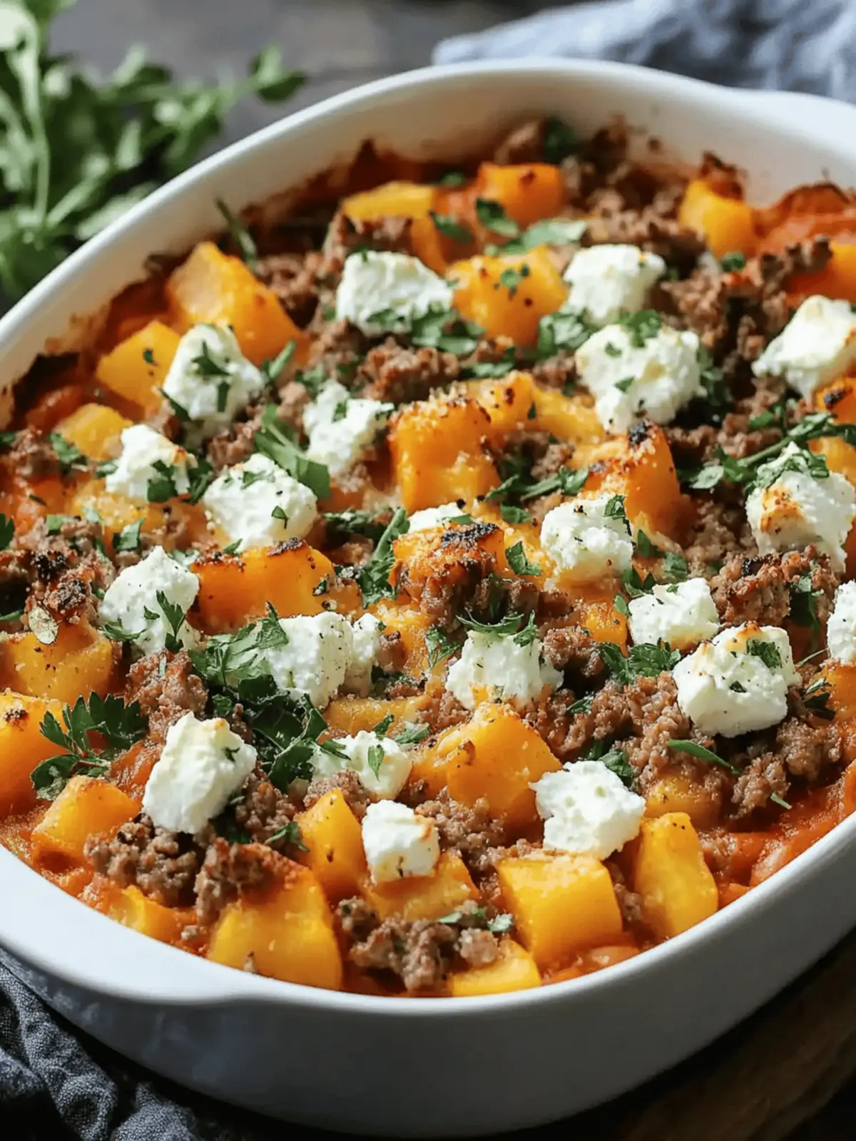 Süßkartoffel und Hackfleischauflauf mit Feta