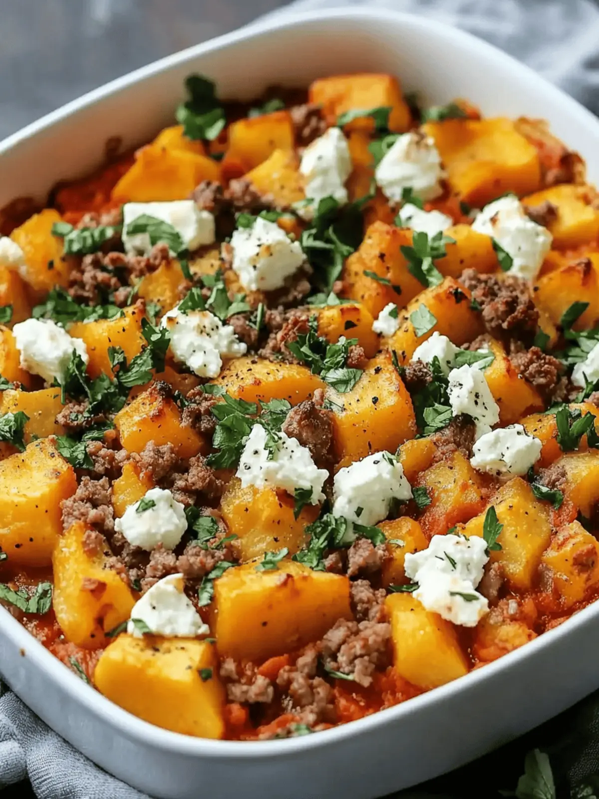 Süßkartoffel und Hackfleischauflauf mit Feta