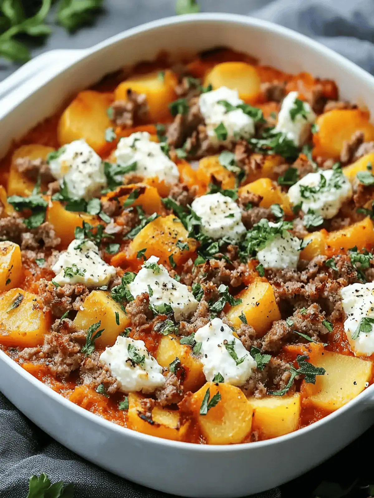 Süßkartoffel und Hackfleischauflauf mit Feta