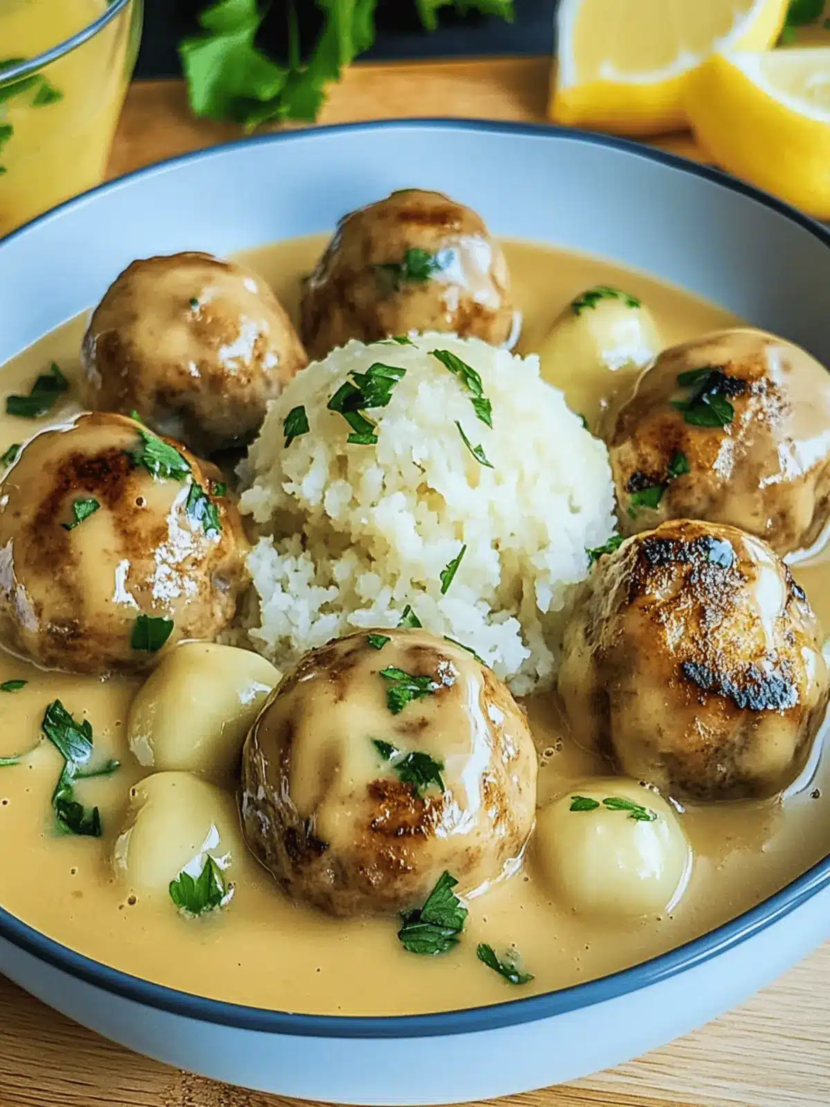 Fleischbällchen in cremiger Sauce mit Kartoffelpüree 3 Fleischbällchen in einer cremigen Sauce mit Kartoffelpüree