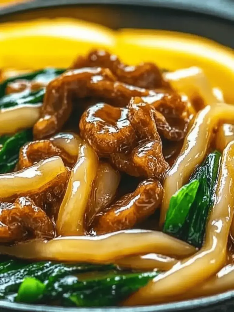 Udon-Nudeln mit Rindfleisch, Pak Choi und frittierten Zwiebeln