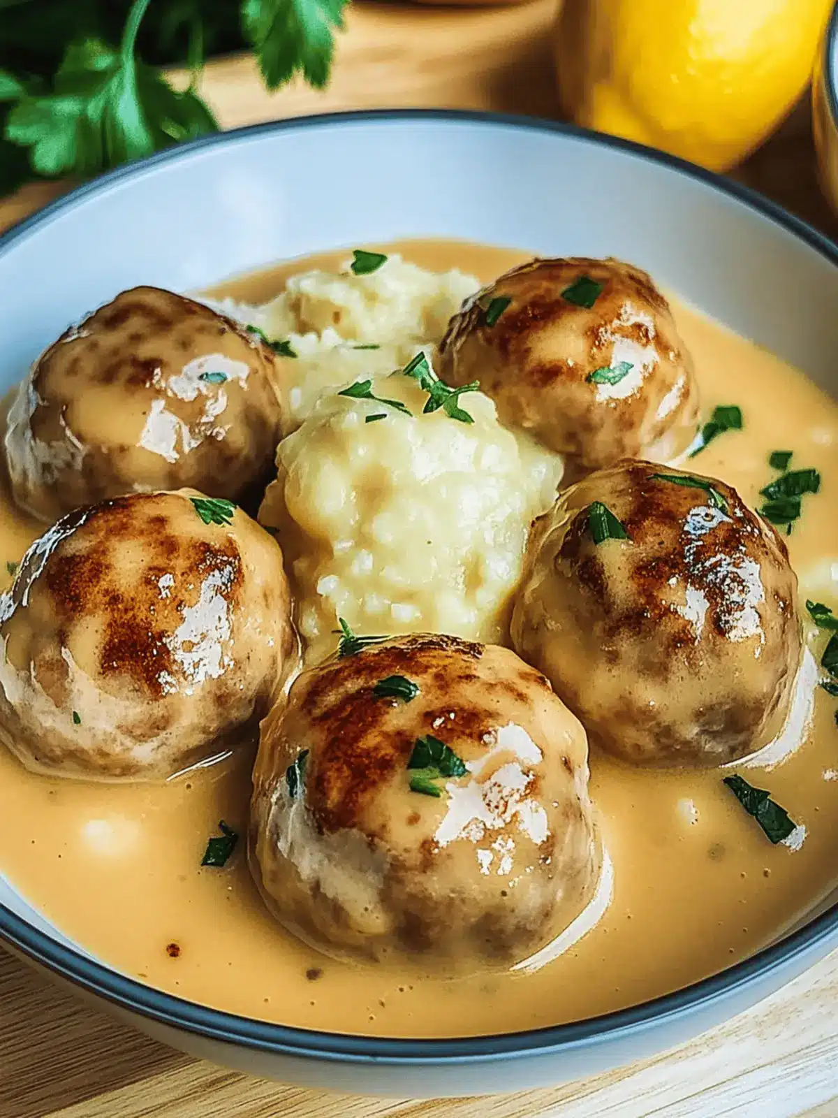 Fleischbällchen in cremiger Sauce mit Kartoffelpüree 2 Fleischbällchen in einer cremigen Sauce mit Kartoffelpüree