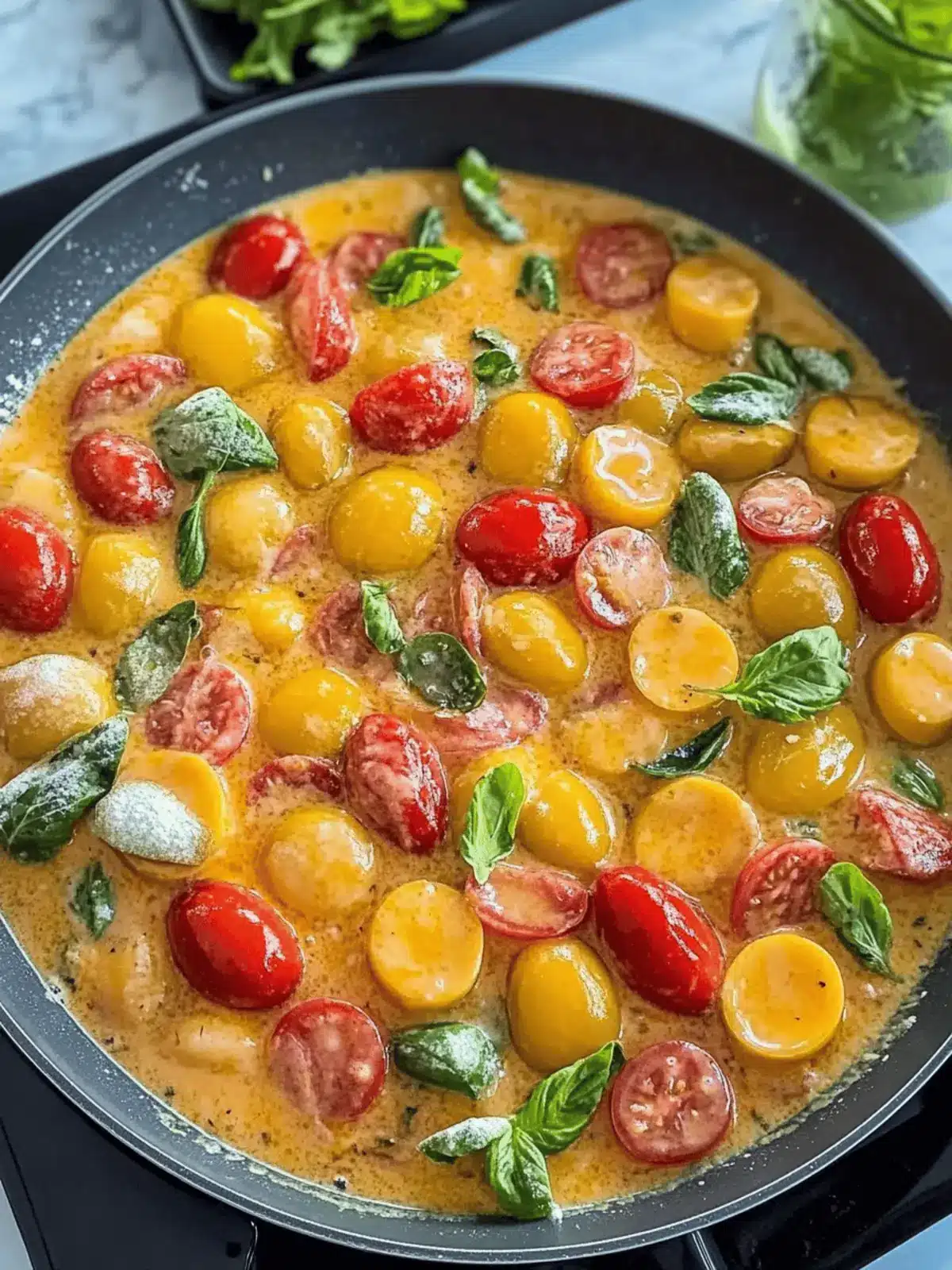 Gnocchi-Pfanne mit Brokkoli und Tomaten in Pesto-Sahne