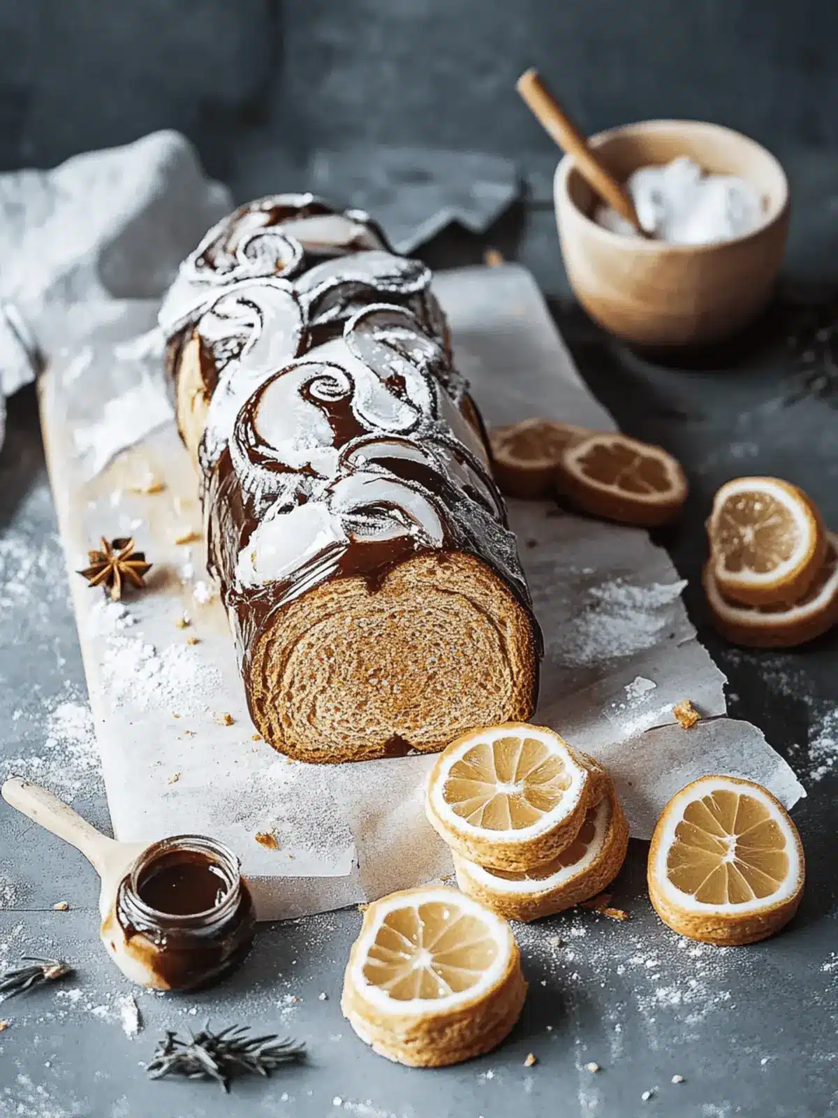 Lebkuchen-Schweizerrolle mit Spekulatiusbröseln